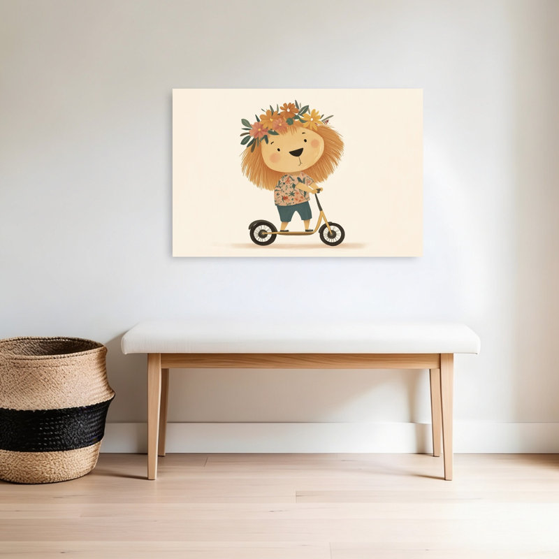 Happy Lion Scooter Ride Flower Tropical Wall Art Print by Mathieu - Wrapped Canvas Print, 60.96cm H x 91.44cm W