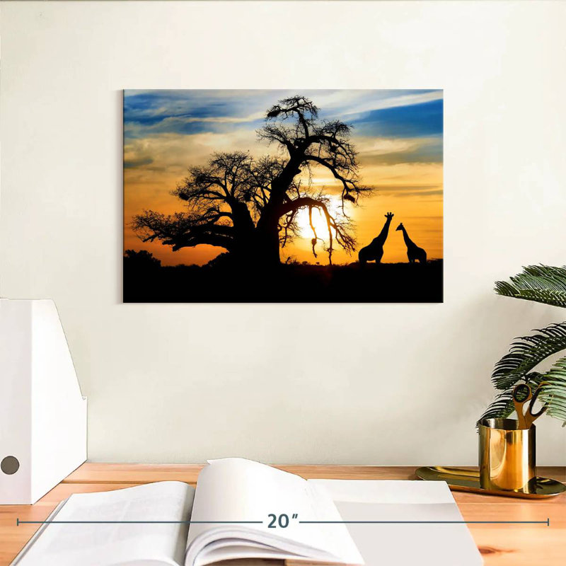 Coucher de soleil africain sur les girafes de Brampt, H 8 po x l 12 po
