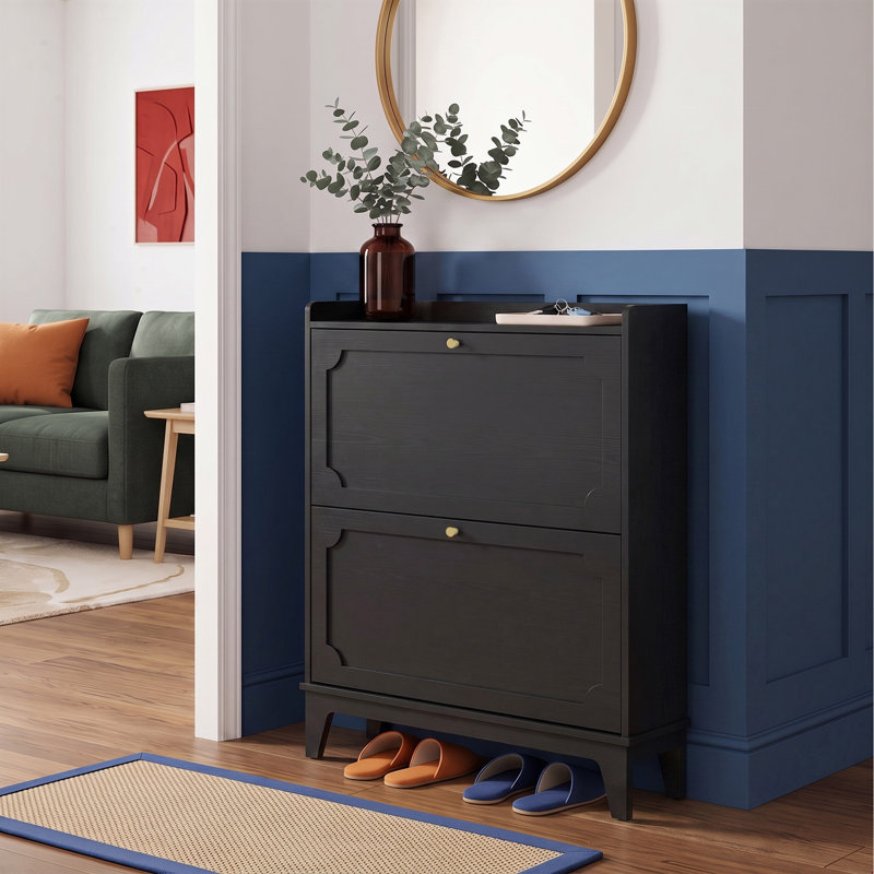 Meuble à chaussures étroit avec 2 tiroirs rabattables et un plateau de rangement (paquet de 2), Black