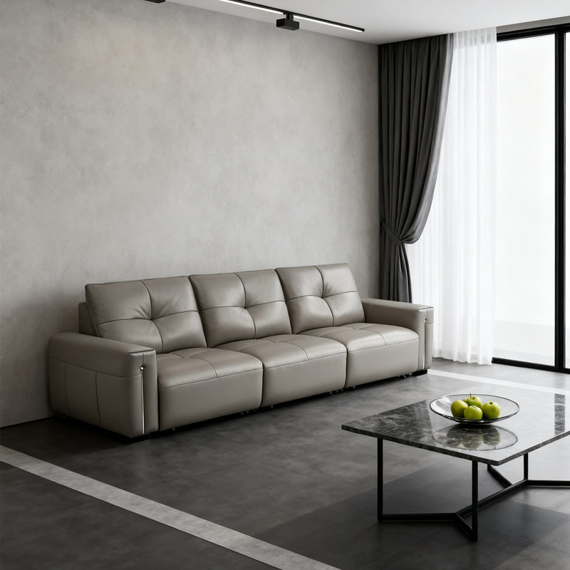Canapé inclinable électrique en cuir véritable gris clair, Gris clair