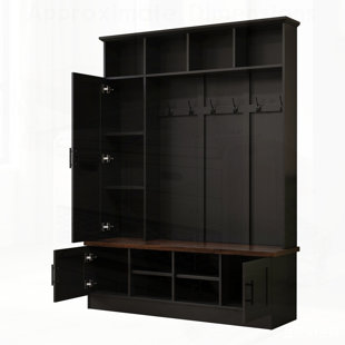 Portemanteau polyvalent 3-en-1 avec 6 crochets, banc de rangement en noyer de ferme, portemanteau de 55 po de largeur avec tablettes réglables pour le vestibule et le couloir