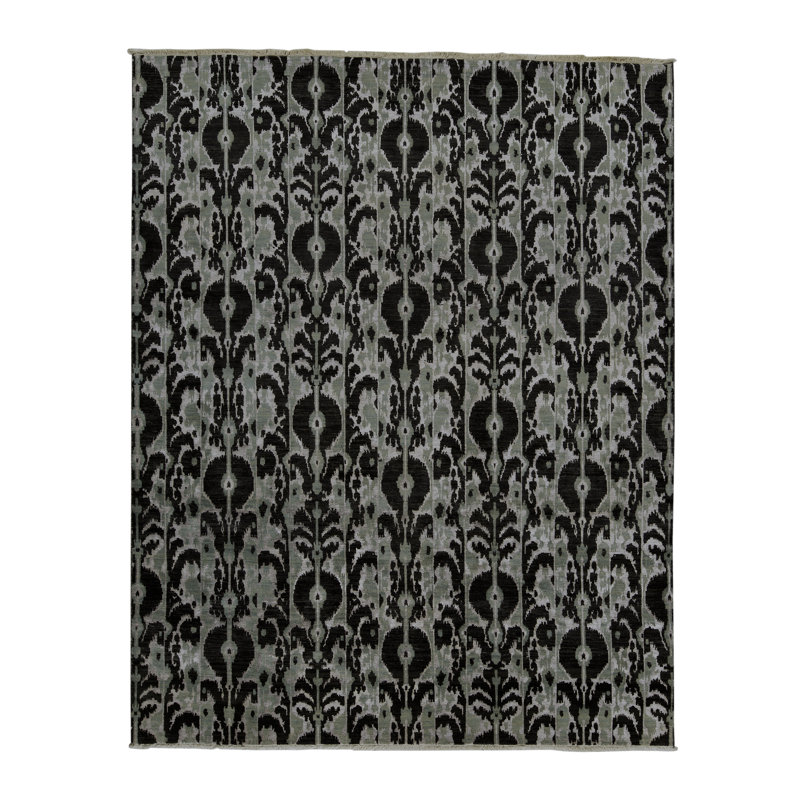 Tapis marocain en laine noué à la main vert / viscose / noir / gris