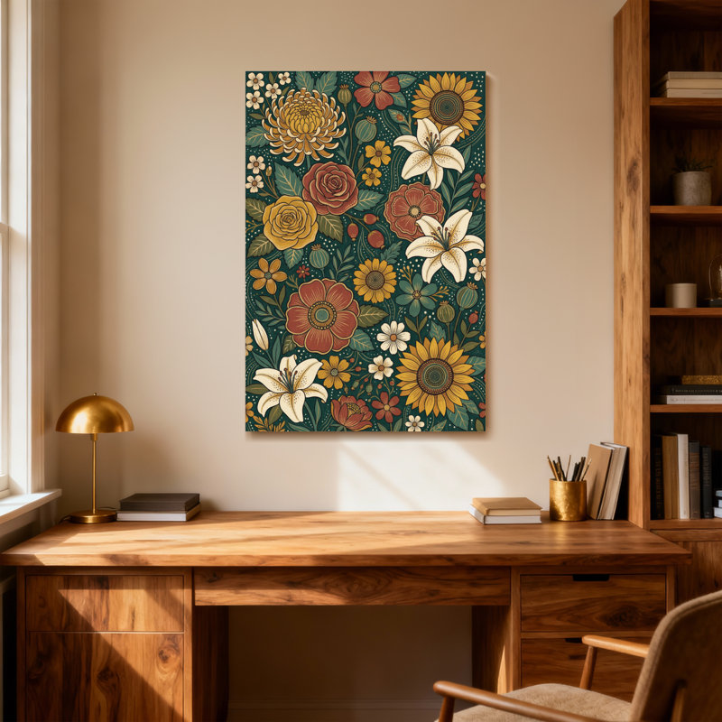 Motif floral de plantes et de fleurs aux couleurs vives et aux fleurs variées, H 48 po x l 32 po