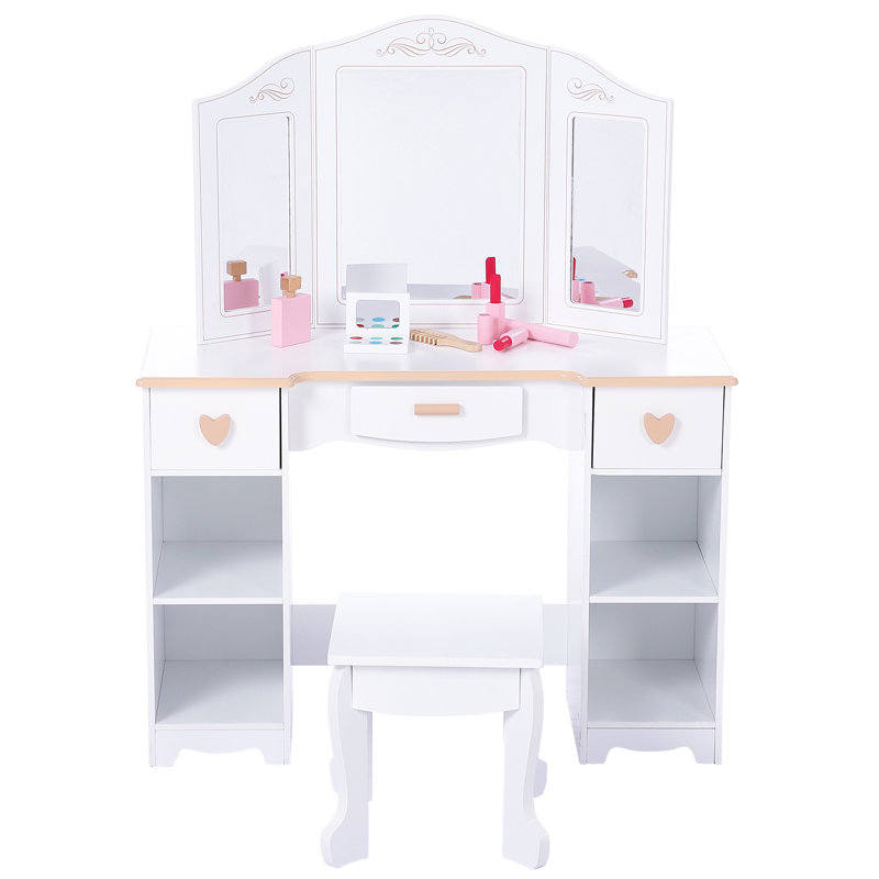 Ensemble de coiffeuse pour enfants avec miroir, tiroirs et tabouret - Table de maquillage avec jouets de beauté en bois et rangement