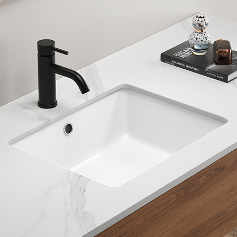Rectangular Undermount Bathroom Sink Vessel Sink with Overflow, White Ceramic Lavatory Basin