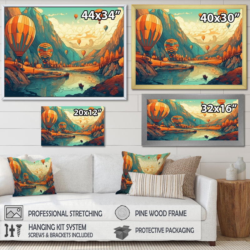 High In The Sky Hot Air Ballon sur impression sur toile, H 30 po x l 40 po x P 1,5 po, Cadre flottant noir
