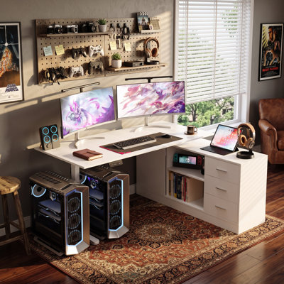 63" L-Shaped Electric Lift Gaming and Computer Desk with 3 Drawers, 2 Shelves