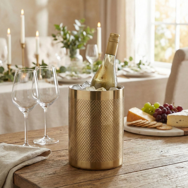 URBNLIVING Gold Metal Barware Set Cocktail Shaker Ice Bucket Wine Cooler Tongs Double Wall - Wine Cooler