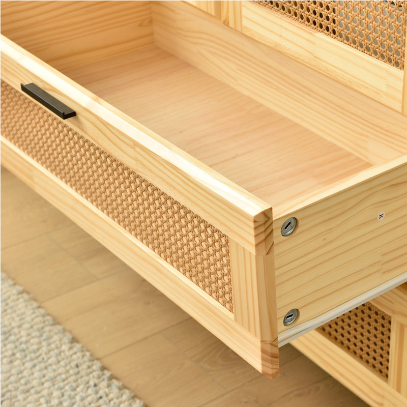 Armoire en rotin massif avec 2 tiroirs, Naturel
