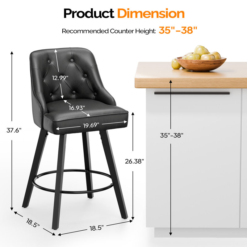 PU Leather Elegant 360° Swivel Bar Stool Stylish Design With Plush Cushion & Sturdy Build, Black, 1