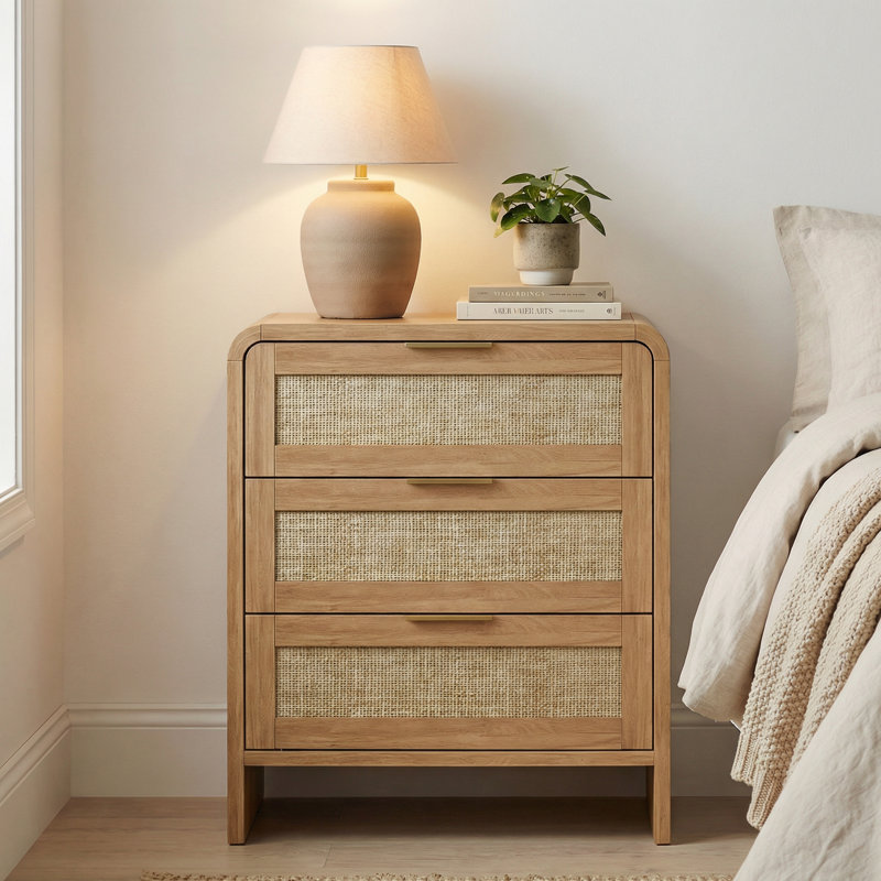 3-Drawer Rattan Nightstand, Modern Curved Bedside Table with Woven Drawer Fronts & Gold Handles, Caramel Oak Wood Nightstand for Bedroom, Available in Single