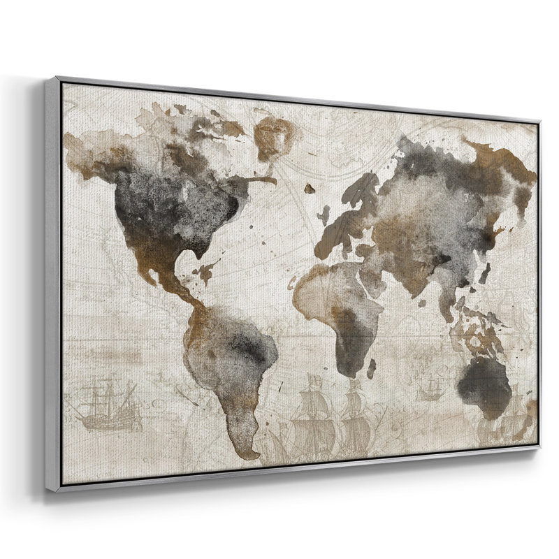 Carte antique encadrée sur toile, H 17 po x l 25 po x P 2 po, Argent