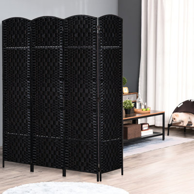 Paravent de 6 pi de hauteur avec paravent tissé - noir. Cloison élégante pour petits espaces, 4 panneaux avec charnières, cloison noire portable et pliable. Pièces de divertissement, panneaux, charnière pratique