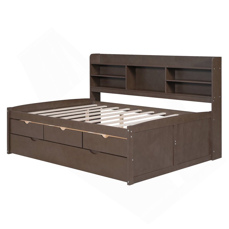 Wooden Captain Bed with Built-in Bookshelves,Three Storage Drawers and Trundle, Gris antique