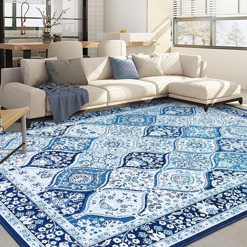 Washable Area Rug, Vintage Abstract Printed Low Pile Non Slip Foldable Indoor Carpet, TPR Backing, Teal Blue Tone, 2'x3'