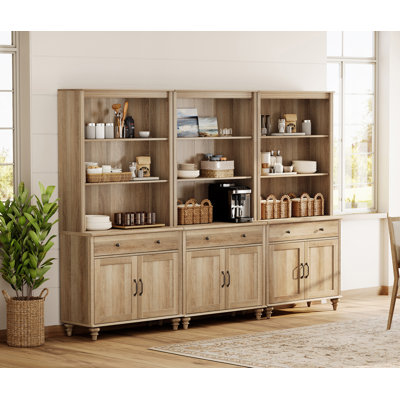 Scarlett Sideboard Cabinet With Bar Hutch, Farmhouse Sideboard Credenza For Dining Room, Modern Buffet Cabinet, Large Storage Cabinet With Wood Doors And 5 Tier Shelve, Oak, 102"