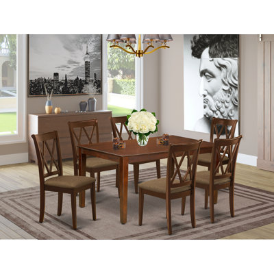7 Piece Kitchen Table & Chairs Set Consist of a Rectangle Dining Room Table and 6 Linen Fabric Dining Chairs, Linen White