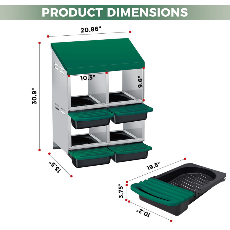 Boîte de nidification pour poulets, conception à roulettes à 4 compartiments pour collection d'œufs à haut volume et fixation murale facile avec pieds en métal