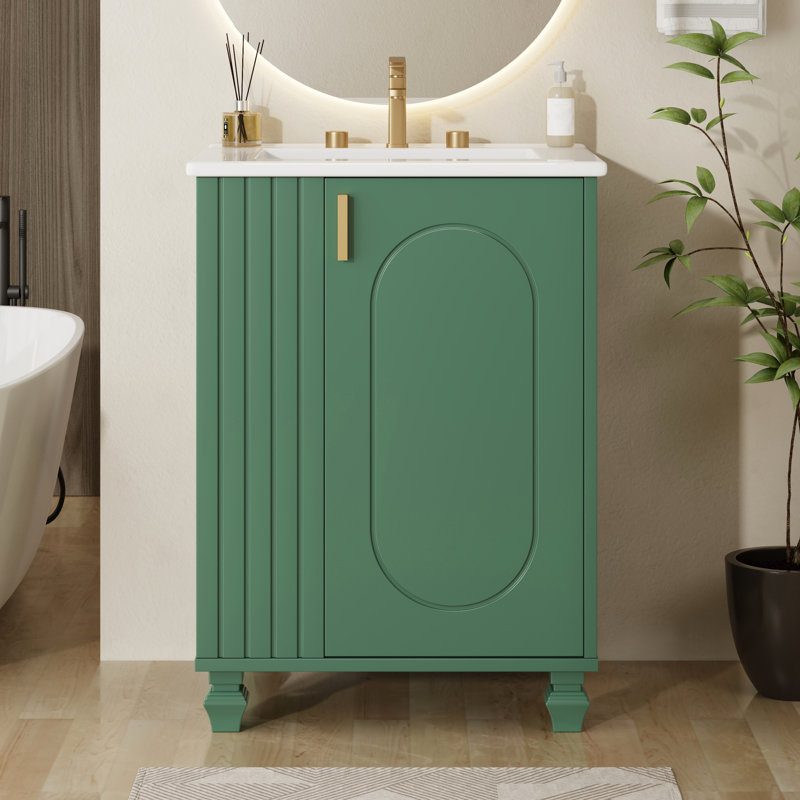 Meuble-lavabo classique de 24 po avec lavabo, pieds en bois massif, tablettes multifonctionnelles, assemblage facile, structure autoportante en céramique, rangement, porte, finition, apparence