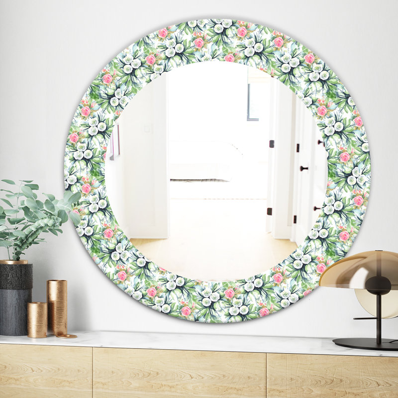 Green Flowers 4 - Traditional Mirror, 31.5" H x 31.5" W, White/Green