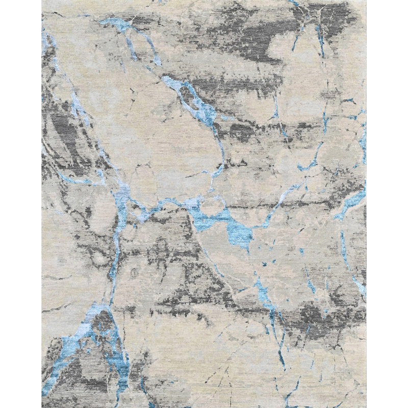 High-Quality Hand-Knotted Charcoal And Teal Area Rug, Rectangle 5' x 8'