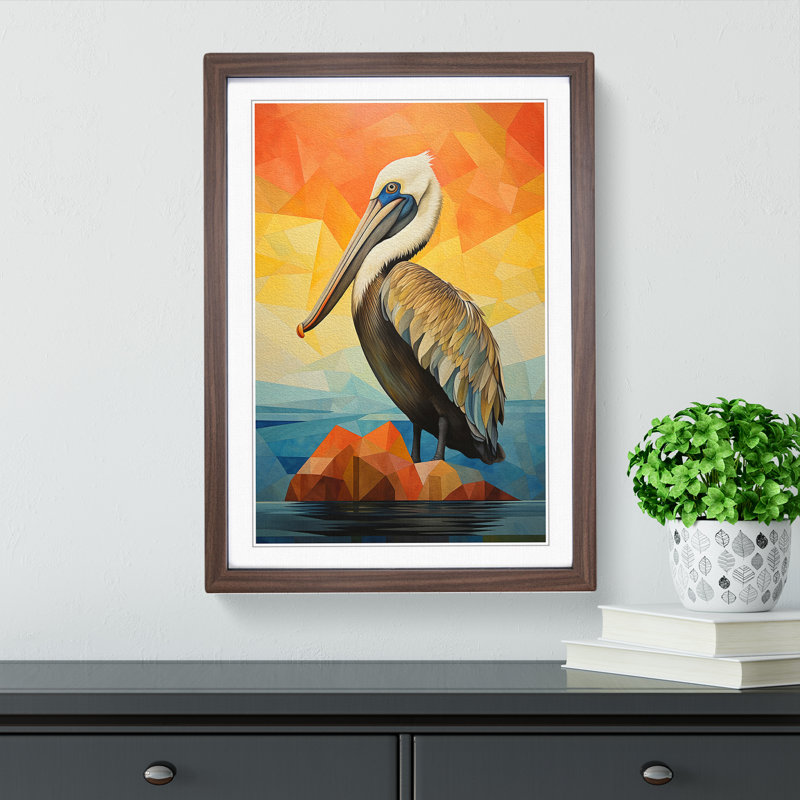 Pelican Geometric - Single Picture Frame Print on Wood, Walnut Framed, 34cm H x 25cm W x 2cm D