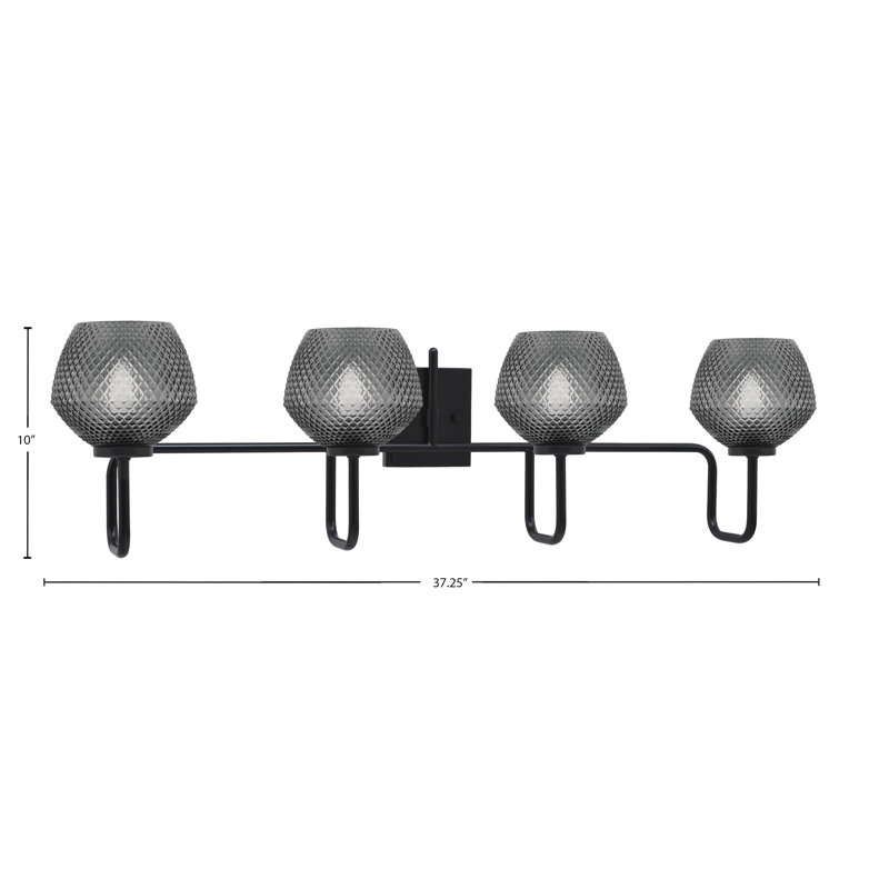Barre d'éclairage de salle de bain 4 lumières Amarmula, finition noir mat, verre texturé fumée 6 po, Noir, Transparent/noir