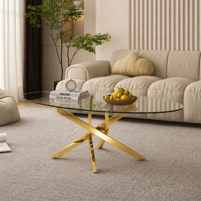 Oval Coffee Table, 39.37"L x 23.62"W x 17.72"H, Glass & Metal, 1 Piece, Gold, Modern
