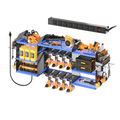 40-Inch Wall-Mounted Power Tool Organizer with Built-In 8-Outlet Charging Station, Heavy-Duty Steel Drill Rack and Hook System in Black and Blue