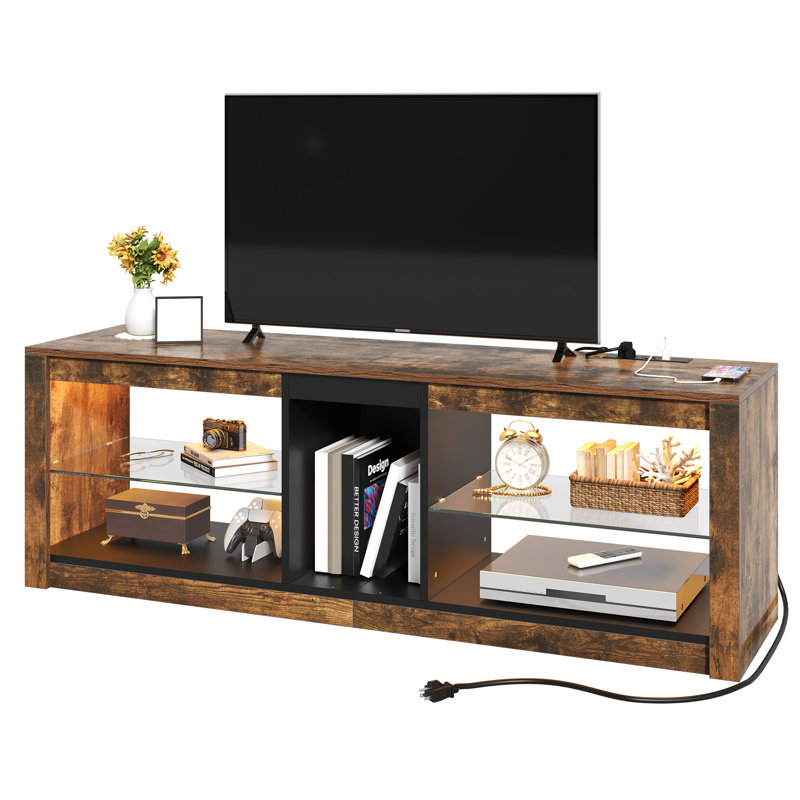 Catey LED Rectangular TV Stand with Tempered Glass Shelves and Power Outlet for TVs up to 60"