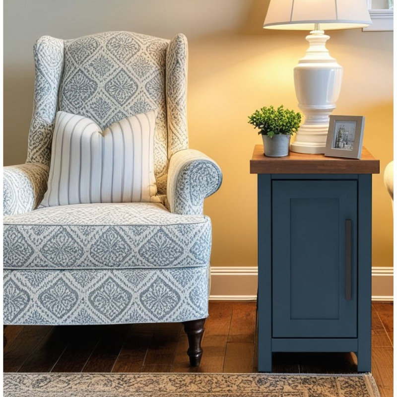 Table de chevet 14 pouces, aucun assemblage requis, denim bleu et finition whisky