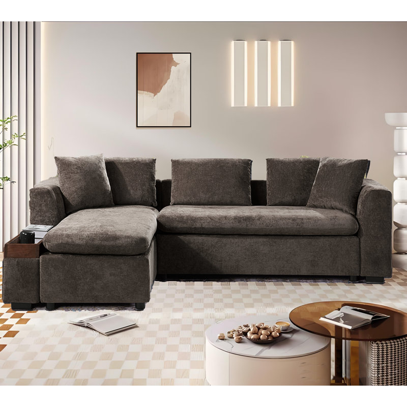 Canapé rembourré en L avec compartiment de rangement en bois et coussins décoratifs, Chenille brun