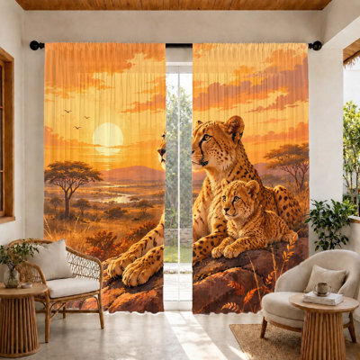 2Pcs Cheetah cubs safari sunset curtains, artistic illustration, light filtering fabric, beautiful wildlife scenery print, rod pocket design for living room, bedroom, balcony, kitchen home decoration