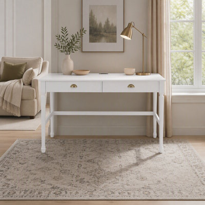 60'' Home Office Desk with Built-In Power Station, 2 Drawers, Turned Wood Legs, Walnut Finish