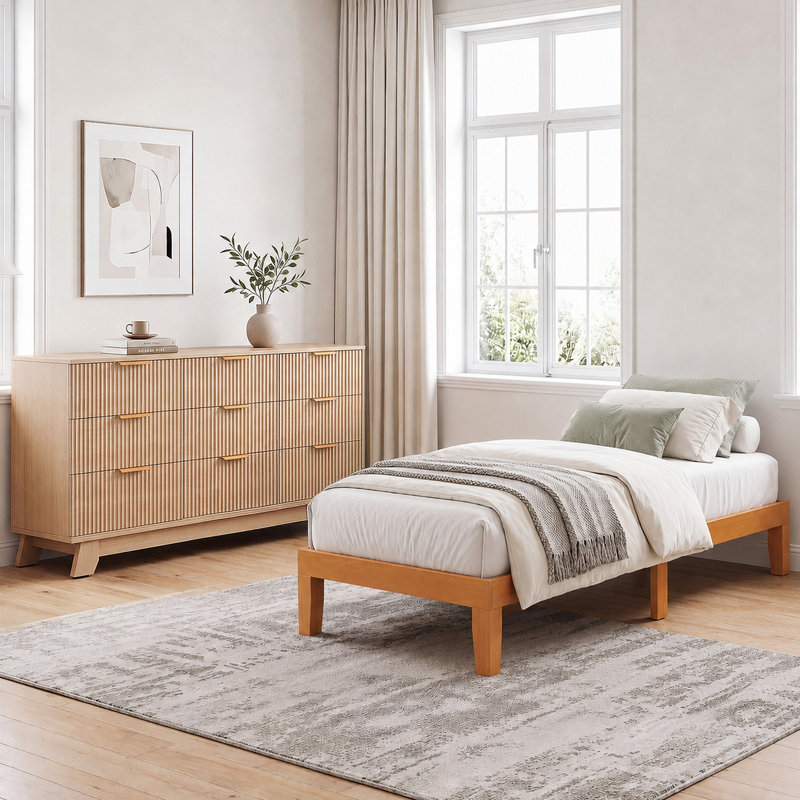 Lit plateforme en bois massif avec commode cannelée de 6/8/9 tiroirs en bois, 12", Lit double, 8