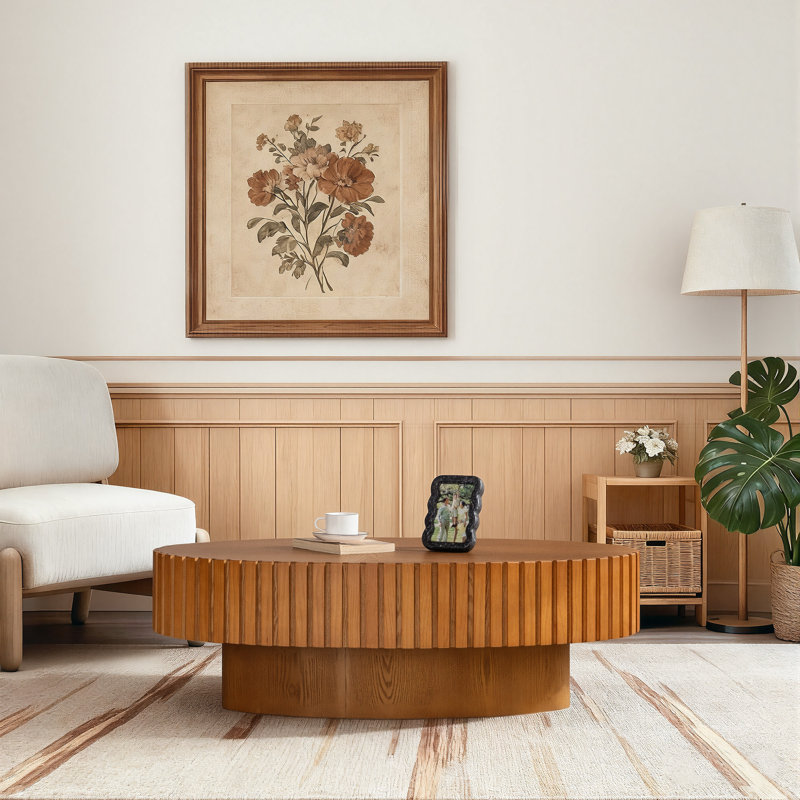 Table basse ovale moderne en bois de 43,5 po en forme d'olive avec cannelures en bois massif pour le salon, Noyer