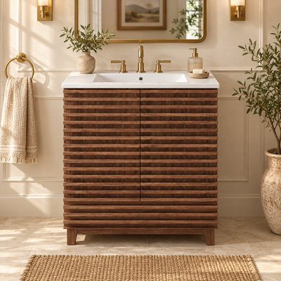Meuble-lavabo autoportant de 30 po avec lavabo en céramique, portes doubles cannelées, tiroir à fermeture en douceur, supports de rangement fixés à la porte, tablette réglable et cloisons de tiroir amovibles, brun noyer