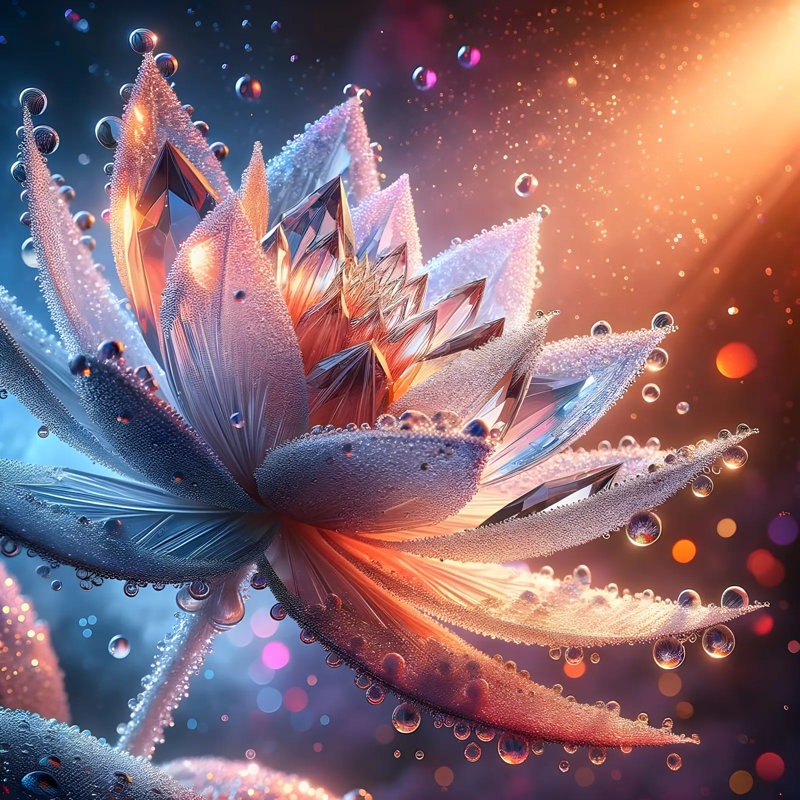 Lotus cristal futuriste avec gouttes de rosée, H 30 po x l 30 po