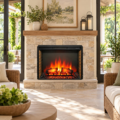 Foyer électrique encastrable 33 po, appareil de chauffage ultra mince avec ensemble de bûches et flamme réaliste, télécommande avec minuterie, protection contre la surchauffe (seulement le foyer)