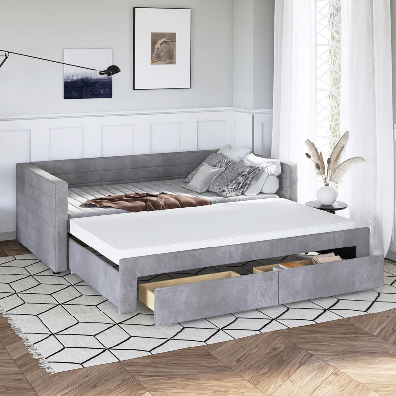 Twin Upholstered Extendable Daybed With Trundle, 2 Drawers, Gray