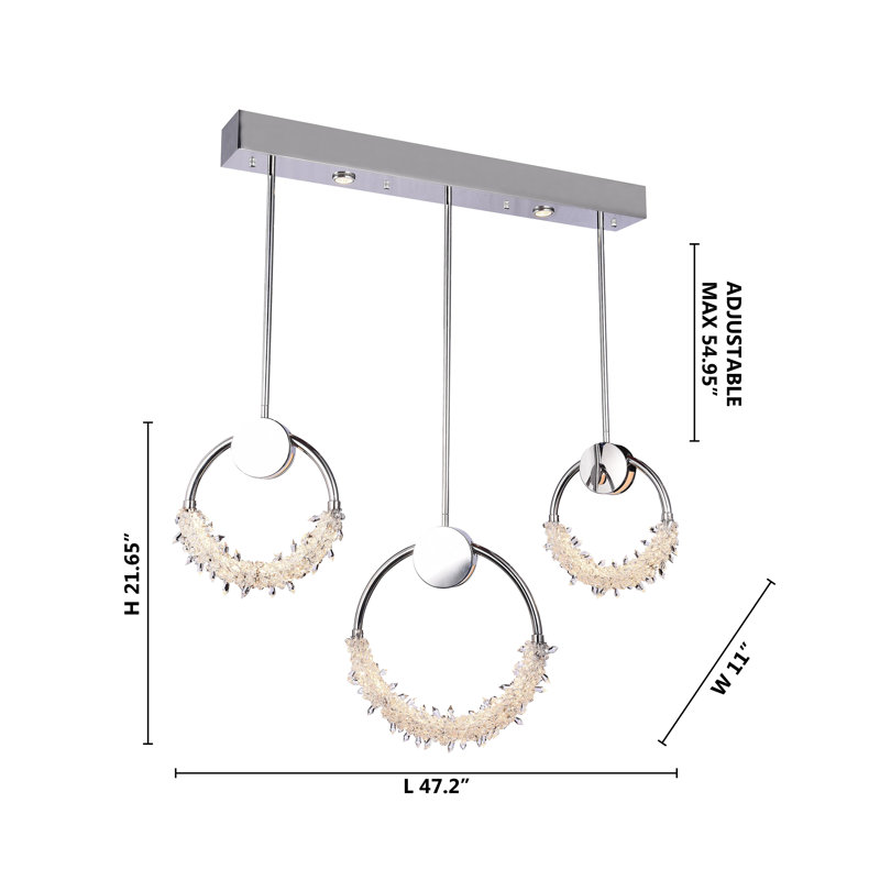 3-Light Dimmable LED Chandelier with Crystal Accents, Chrome