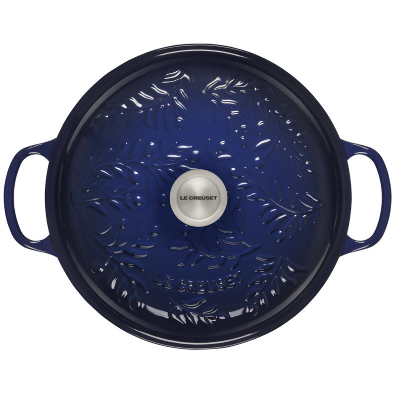 Indigo Cast Iron Round Braiser with Embossed Olive Branch Design