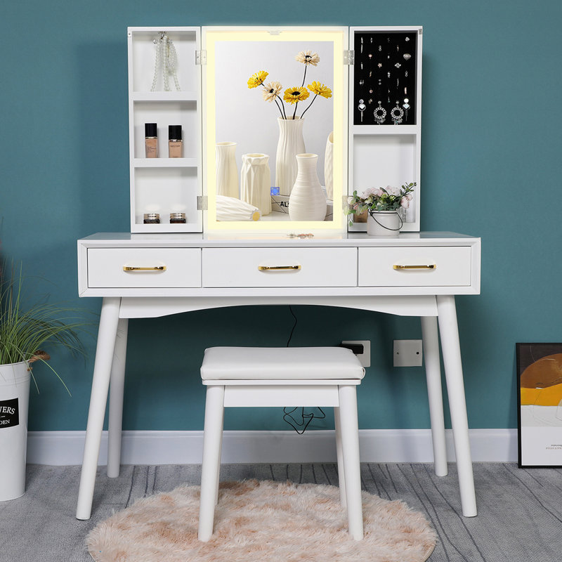 Coiffeuse avec tabouret et miroir Joille, Blanc