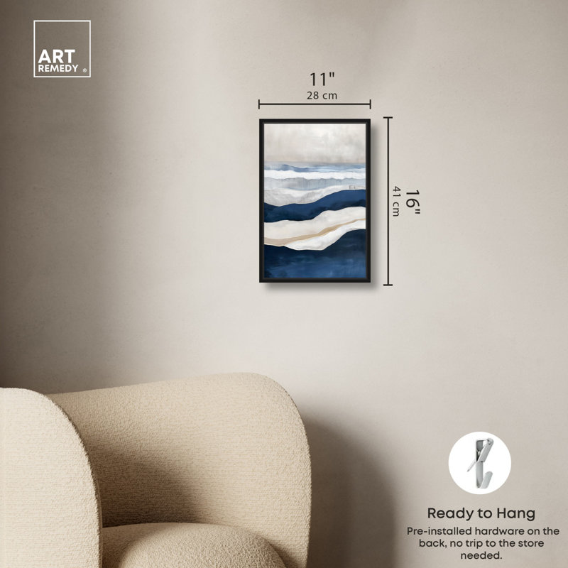 Art abstrait sur toile bleu sarcelle, Cadre noir, H 16 po x l 11 po