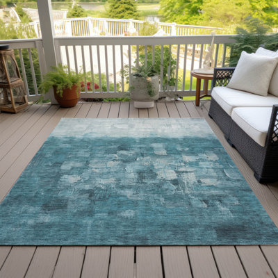 Machine Washable Indoor/Outdoor Xhevrie Teal Rug
