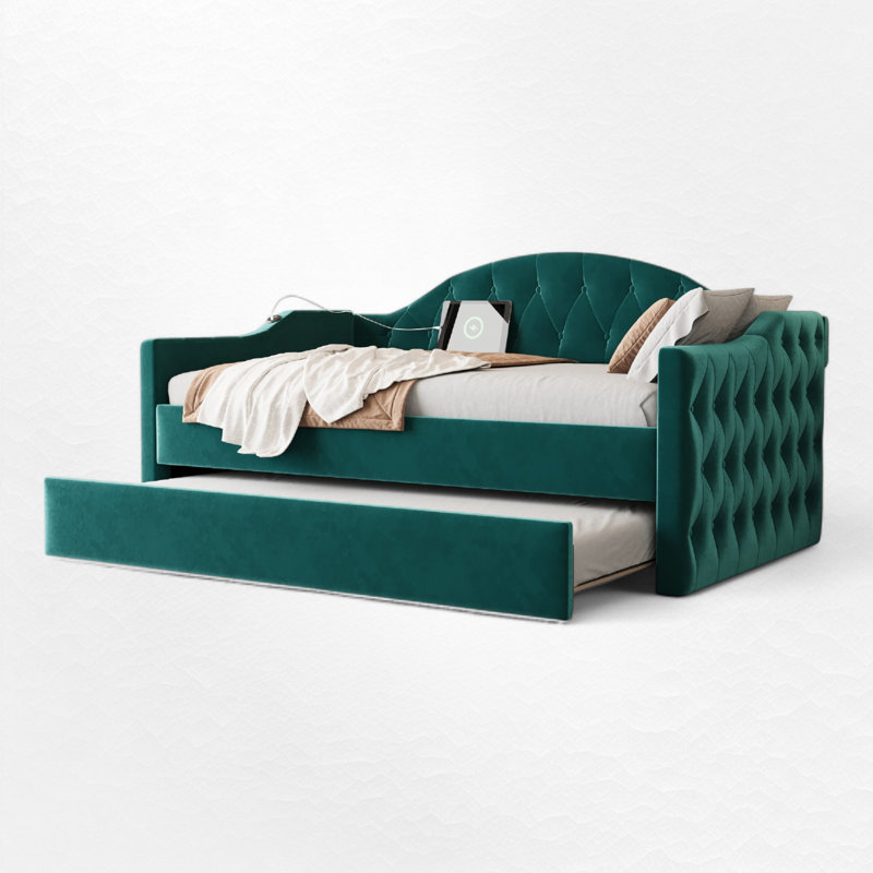 Tufted Upholstered Daybed With Trundle And Charging Ports, Green