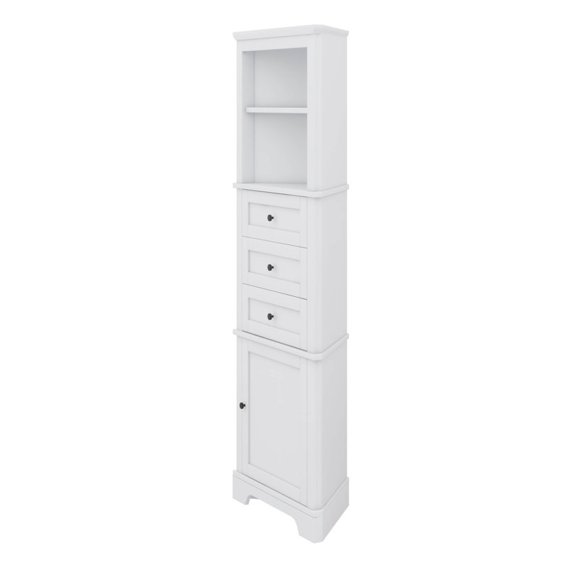 Armoire de salle de bain haute en coin avec portes, organisateurs triangulaires et rangement avec 3 tiroirs et tablettes réglables, armoire de toilette pour la salle de bain
