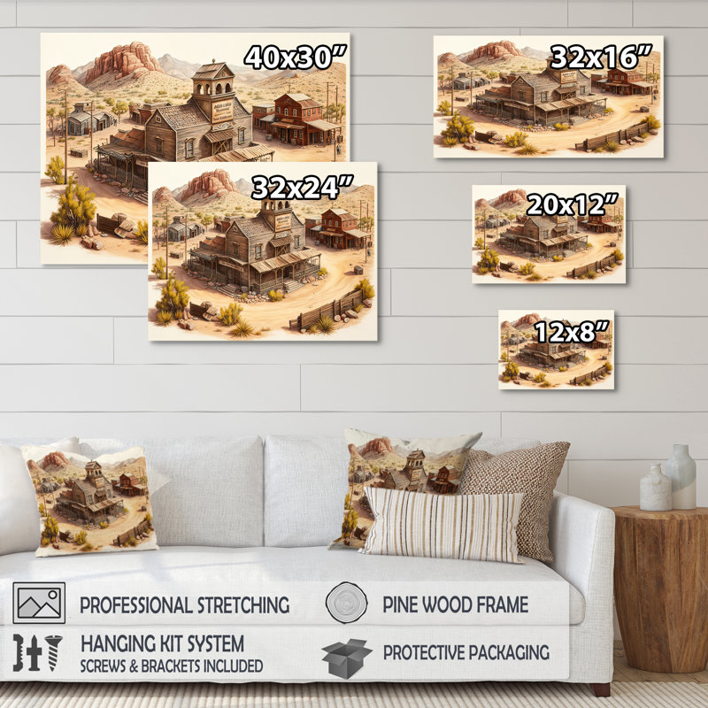 Arizona Wild West Town I - Impression sur toile, H 16 po x l 32 po x P 1 po, Toile tendue