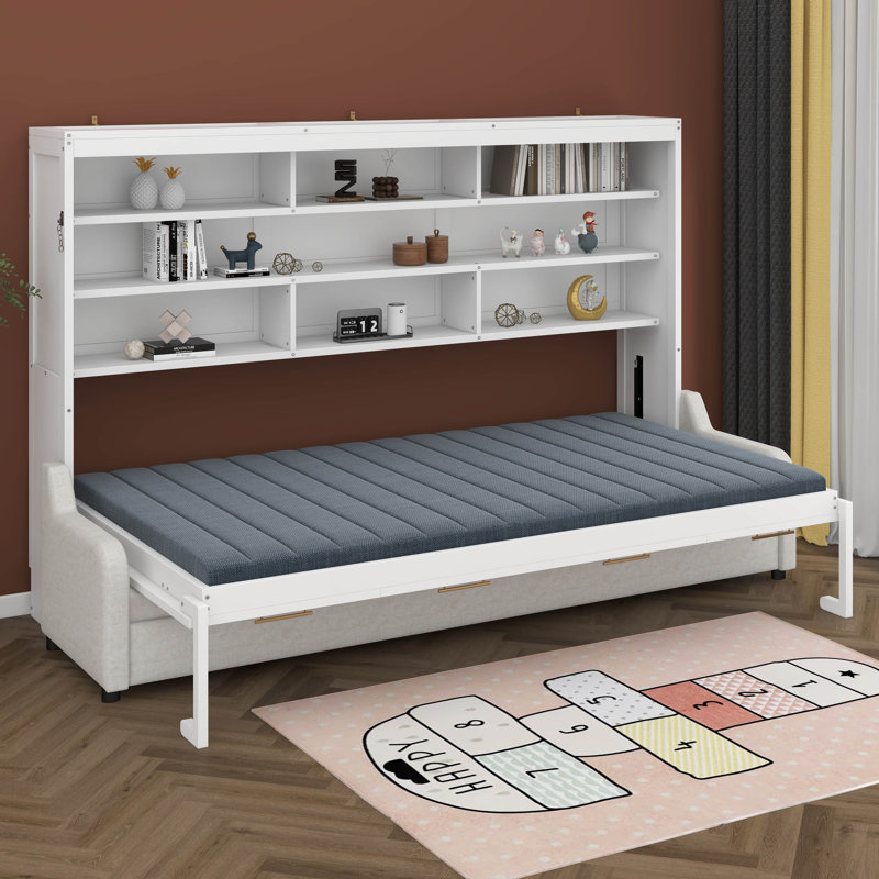 Grand lit escamotable avec canapé pliant et tablettes de rangement intégrées, cadre de lit mural peu encombrant avec lumières DEL