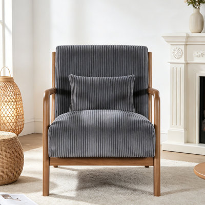 Chaise longue scandinave avec structure en bois massif et coussin lombaire, fauteuil rembourré en velours côtelé gris - Design nordique courbé pour le salon, la chambre à coucher ou le coin lecture